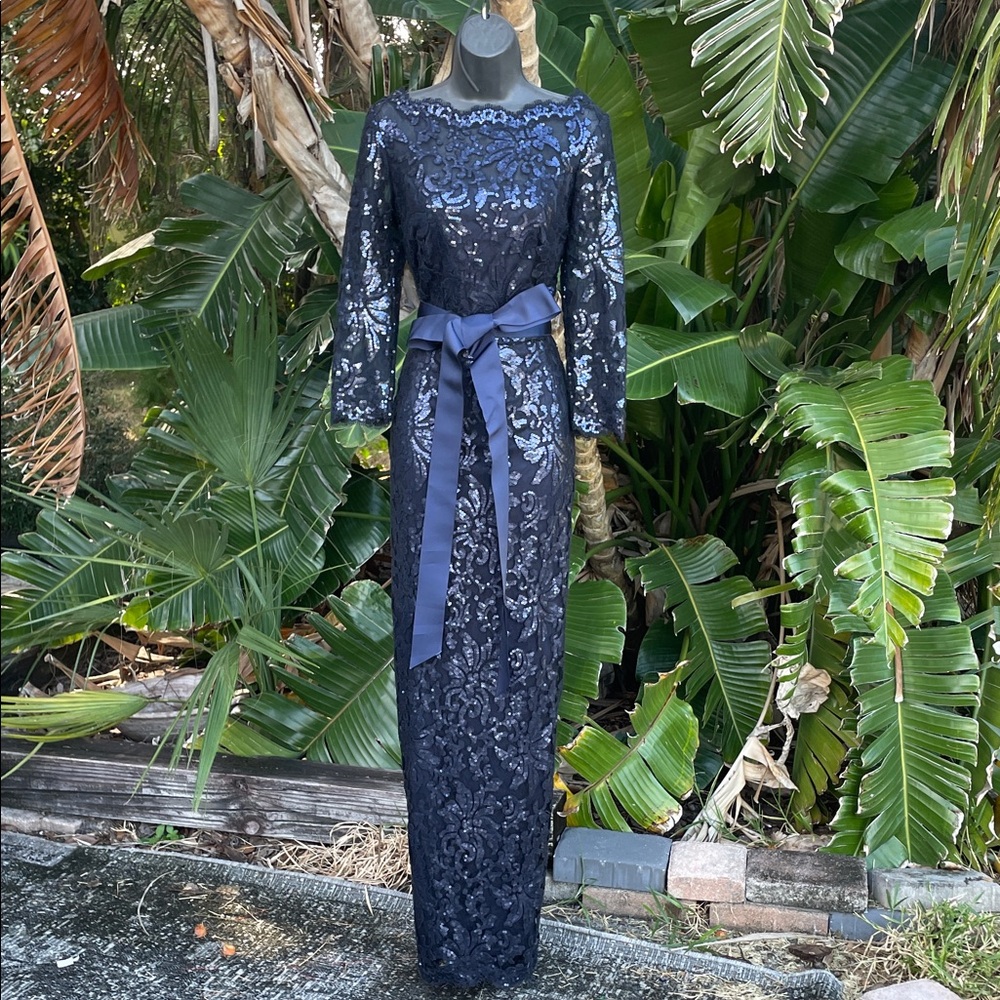Tadashi boat, neck, sequin floral lace gown